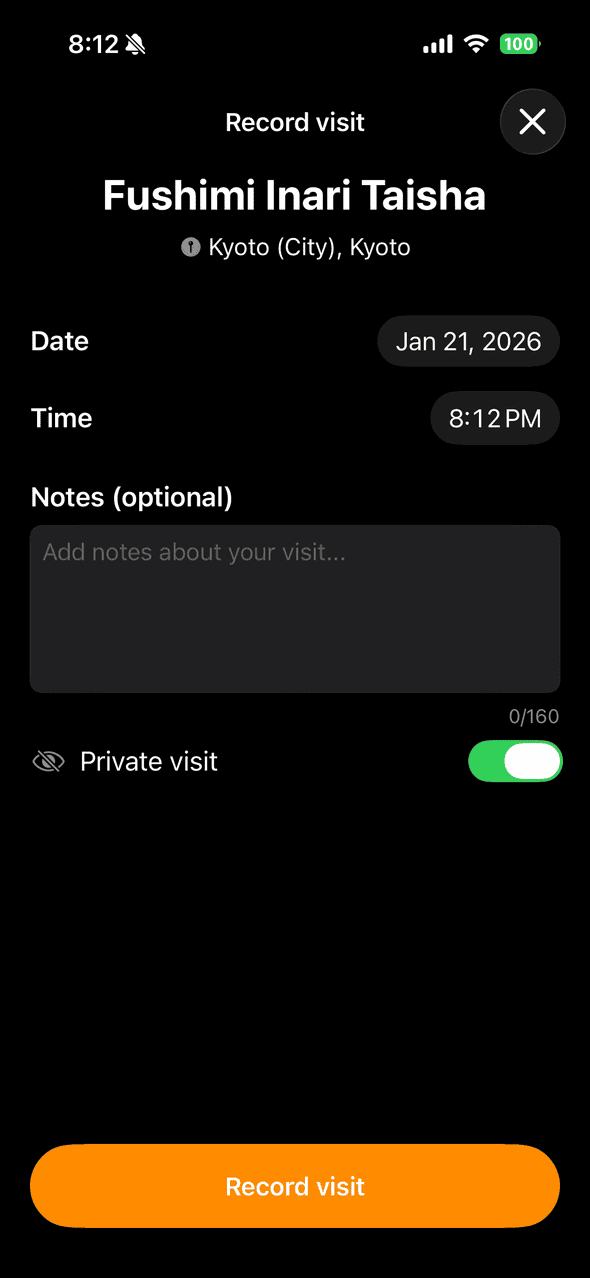 Screenshot of Goshuin Atlas app showing Check-In: Registra le tue visite ai templi con timestamp e costruisci una cronologia del viaggio personale.