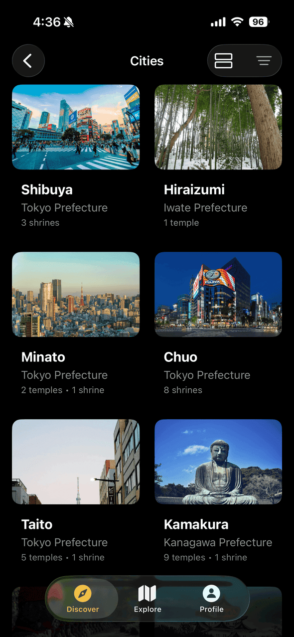Screenshot of Goshuin Atlas app showing Guide delle Città: Esplora i templi per città con guide curate e raccomandazioni locali per ogni destinazione.