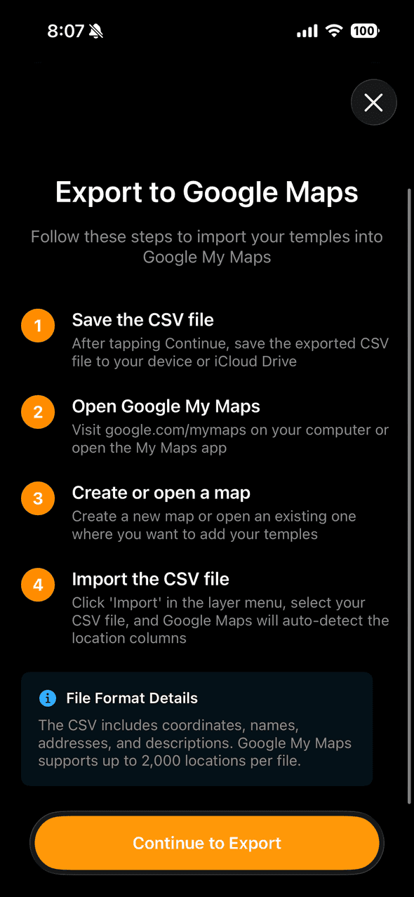 Screenshot of Goshuin Atlas app showing Esportazione Dati: Esporta i tuoi templi salvati in più formati per backup o condivisione.