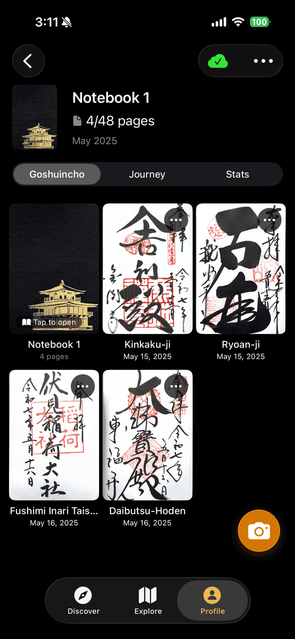 Screenshot of Goshuin Atlas app showing La Tua Collezione di Goshuin: Organizza tutti i tuoi goshuin raccolti in un bellissimo goshuincho digitale con datazione automatica e informazioni sul tempio.