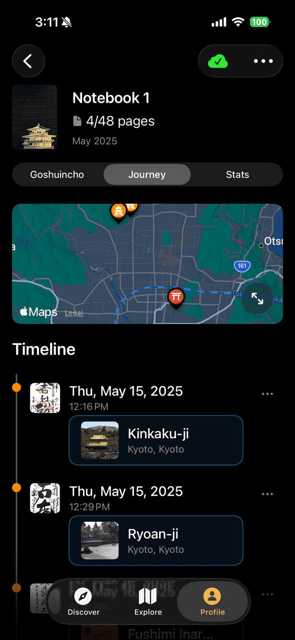 Screenshot of Goshuin Atlas app showing Cronologia del Viaggio: Visualizza il tuo viaggio ai templi su una mappa interattiva con una cronologia delle tue visite.