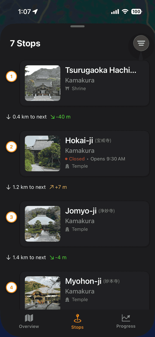Screenshot of Goshuin Atlas app showing Tappe e Progressi: Segui il tuo pellegrinaggio passo dopo passo con fermate dettagliate, distanze e dislivelli tra i templi.