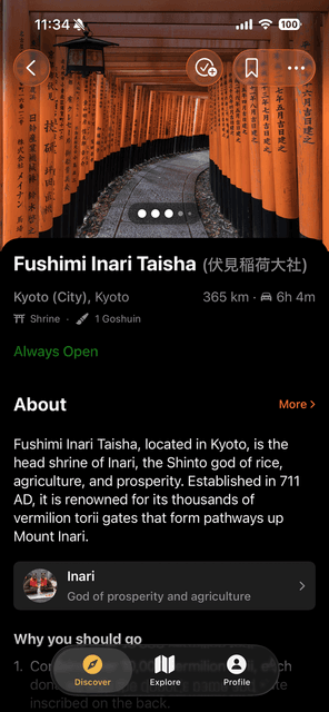 Screenshot of Goshuin Atlas app showing Panoramica del Tempio: Ottieni una visione completa di ogni tempio con le informazioni essenziali a colpo d'occhio.