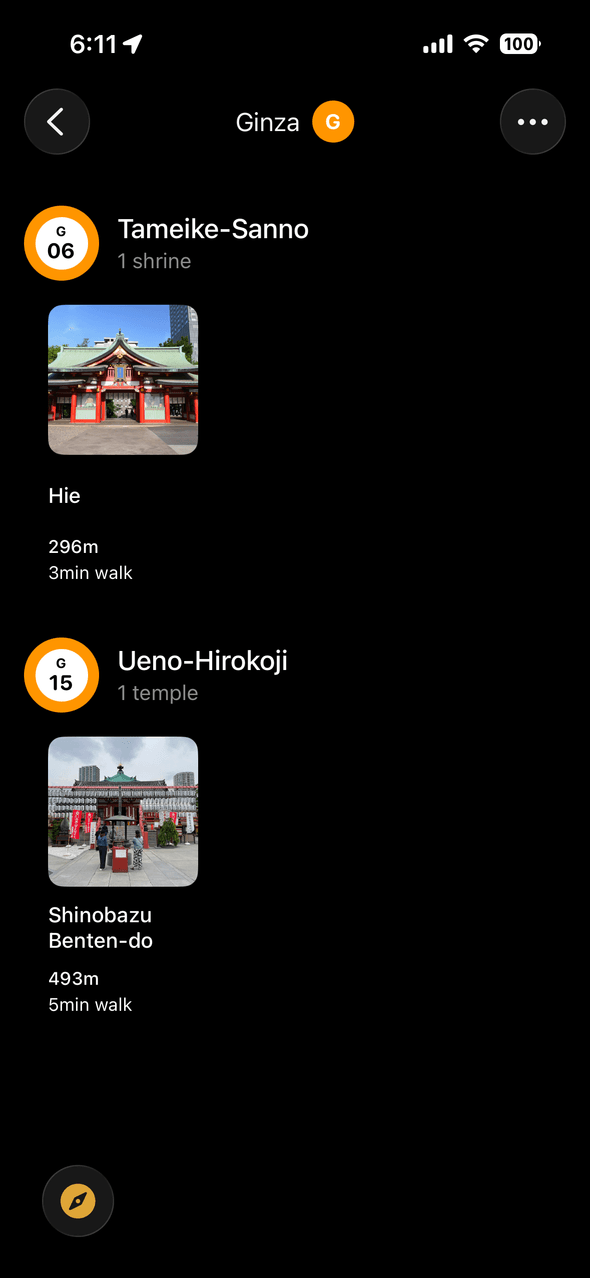 Screenshot of Goshuin Atlas app showing Info Trasporti: Trova le stazioni ferroviarie e le fermate dell'autobus più vicine per ogni tempio con indicazioni a piedi.