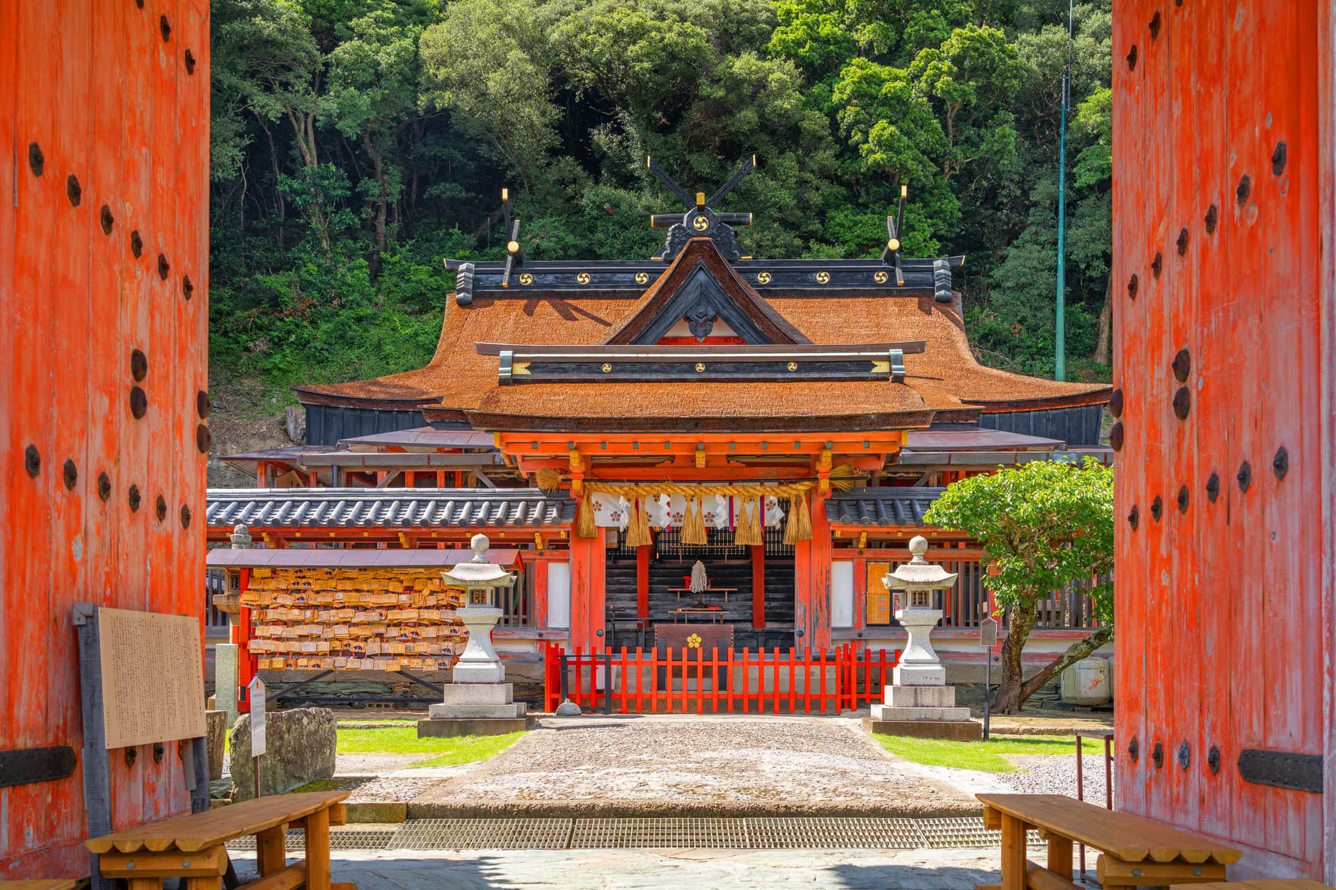 A Japanese shrine framed by trees and shifting seasonal light