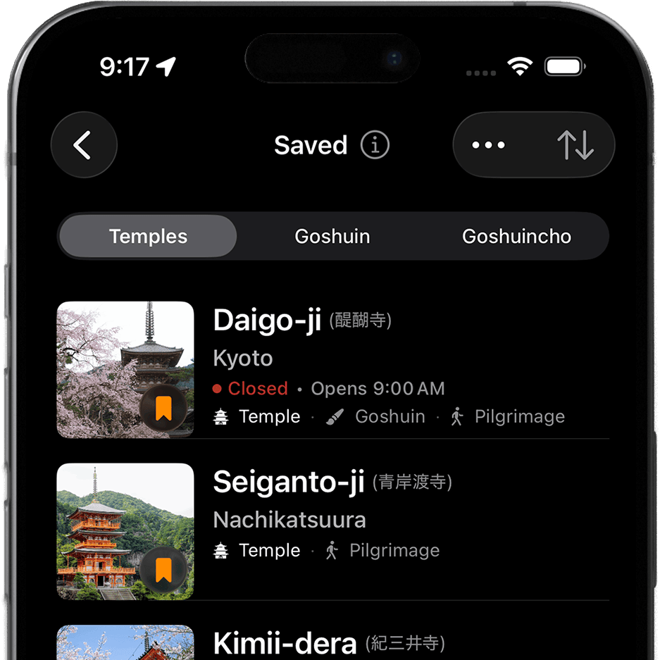 Screenshot of Goshuin Atlas app showing Salva i Tuoi Preferiti: Segna i templi che vuoi visitare e tieni traccia dei luoghi che hai esplorato.