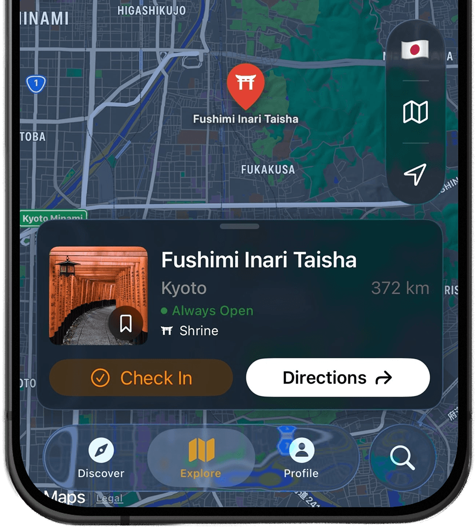 Screenshot of Goshuin Atlas app showing Wegbeschreibung erhalten: Erhalten Sie Wegbeschreibungen zu Tempeln und Schreinen direkt in Goshuin Atlas oder mit Ihrer bevorzugten Karten-App.