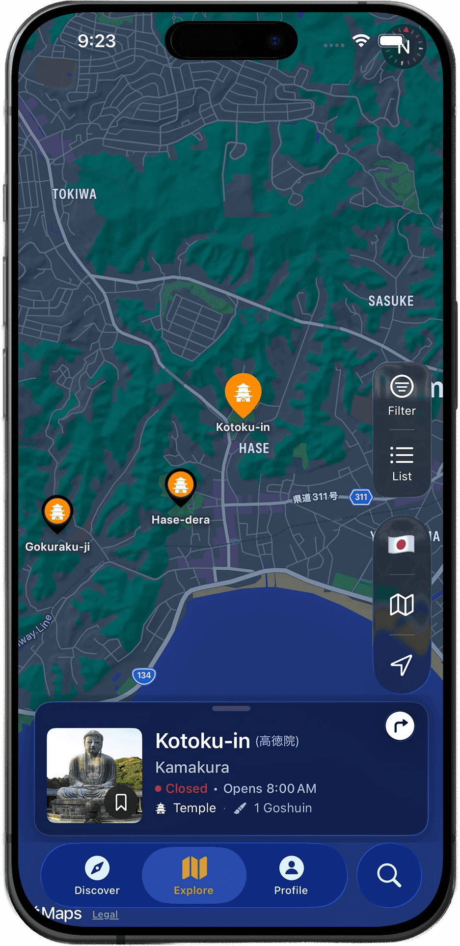 Screenshot of Goshuin Atlas app showing Interaktive Karte: Sehen Sie Japans spirituelle Landschaft vor Ihren Augen. Erkunden Sie Tausende von Tempeln auf einer interaktiven Karte.
Filtern Sie nach Ihren Wünschen—Typ, Pilgerfahrt oder Region—und planen Sie Ihre perfekte Route.