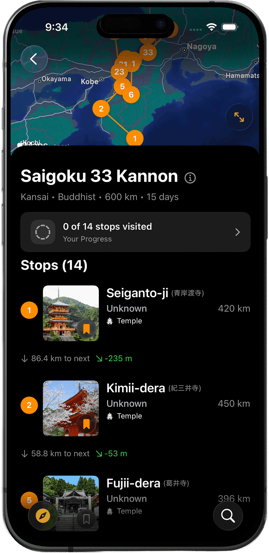Screenshot of Goshuin Atlas app showing Pilgerfahrten erkunden: Wandeln Sie auf den Spuren jahrhundertealter Pilger. Folgen Sie legendären Routen wie Shikoku 88 oder Saigoku 33.
Verfolgen Sie Ihren Fortschritt und entdecken Sie die Geschichten hinter jeder heiligen Station.