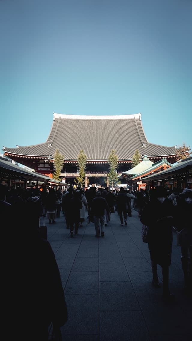 Außenansicht von Shirayama Hime Jinja mit einem hölzernen Schreingebäude, steinernen Wächterstatuen und hohen Bäumen dahinter.