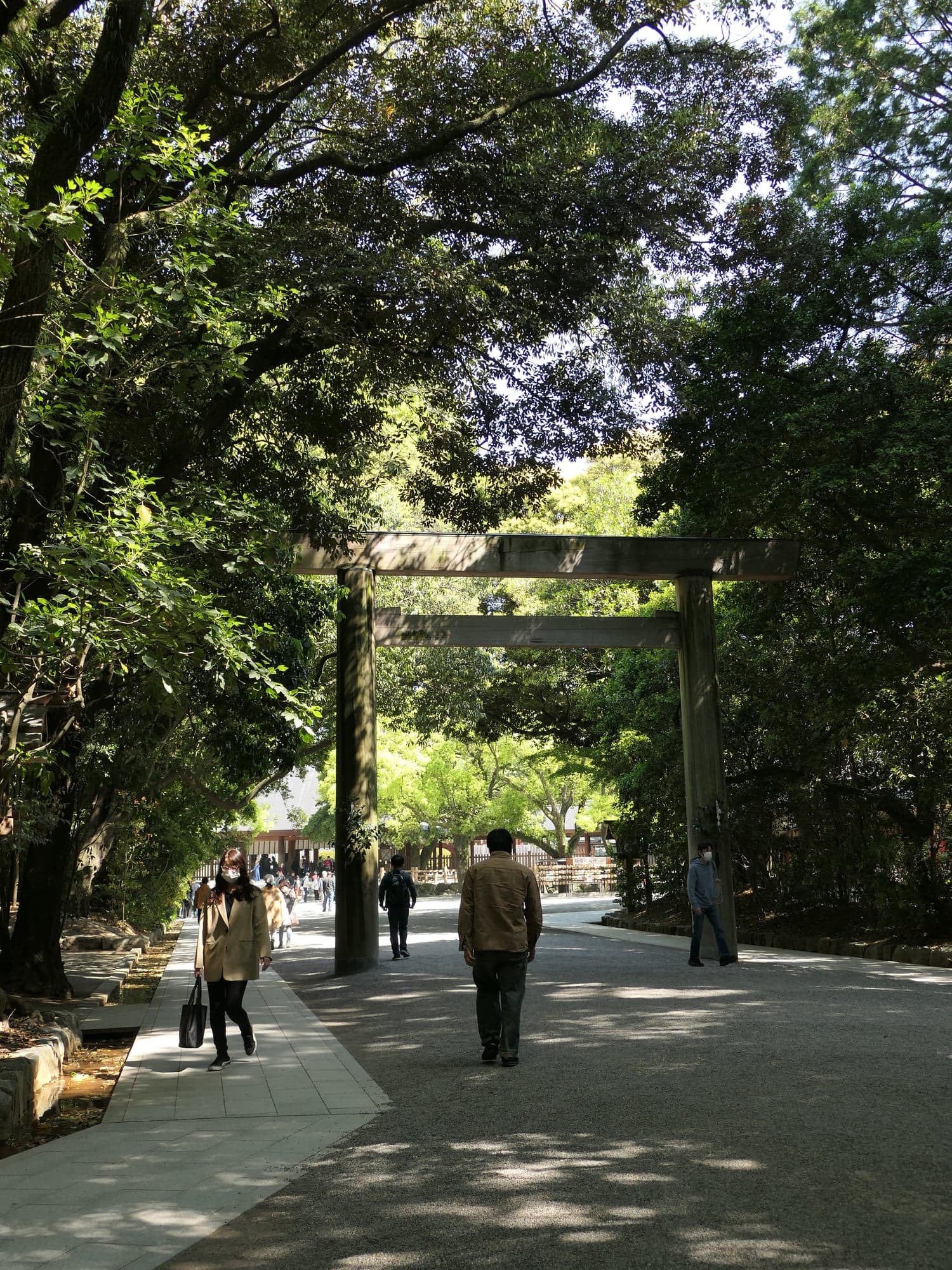 Zugang von Atsuta Jingu unter dichtem Baumbestand, mit Torii und mehreren Besuchern auf dem Weg.