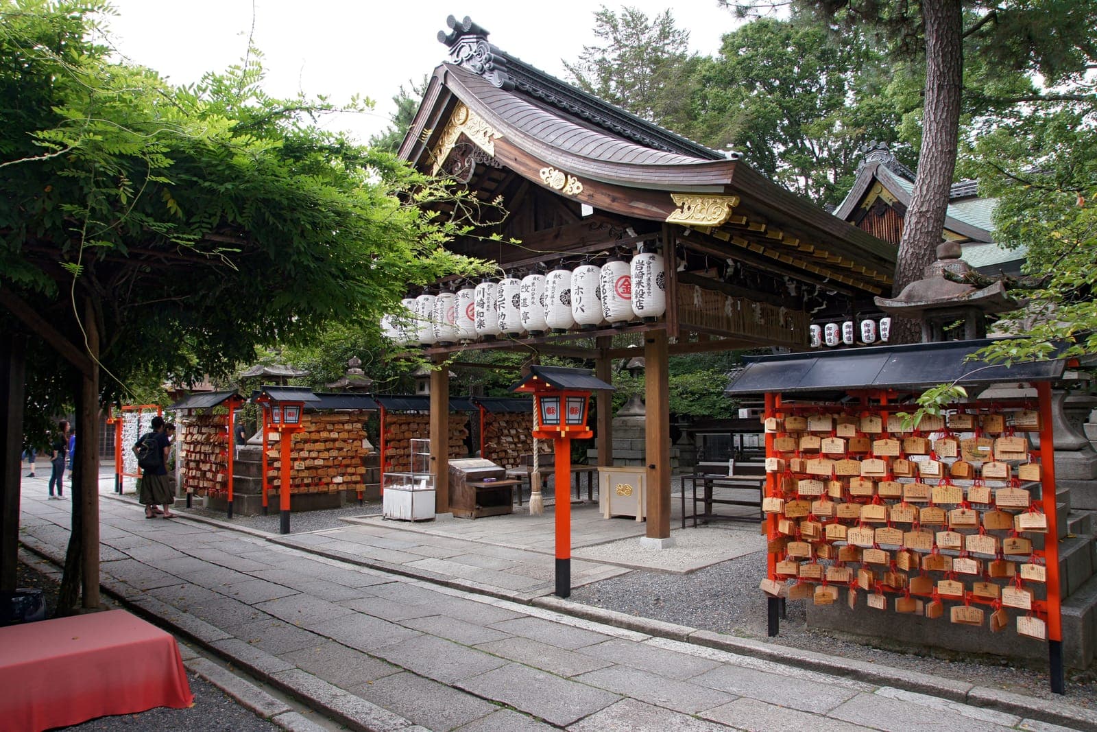 Exterior of Yasui Kompira Gu with a curved roof gate, hanging lanterns, and walls covered with wooden prayer plaques.