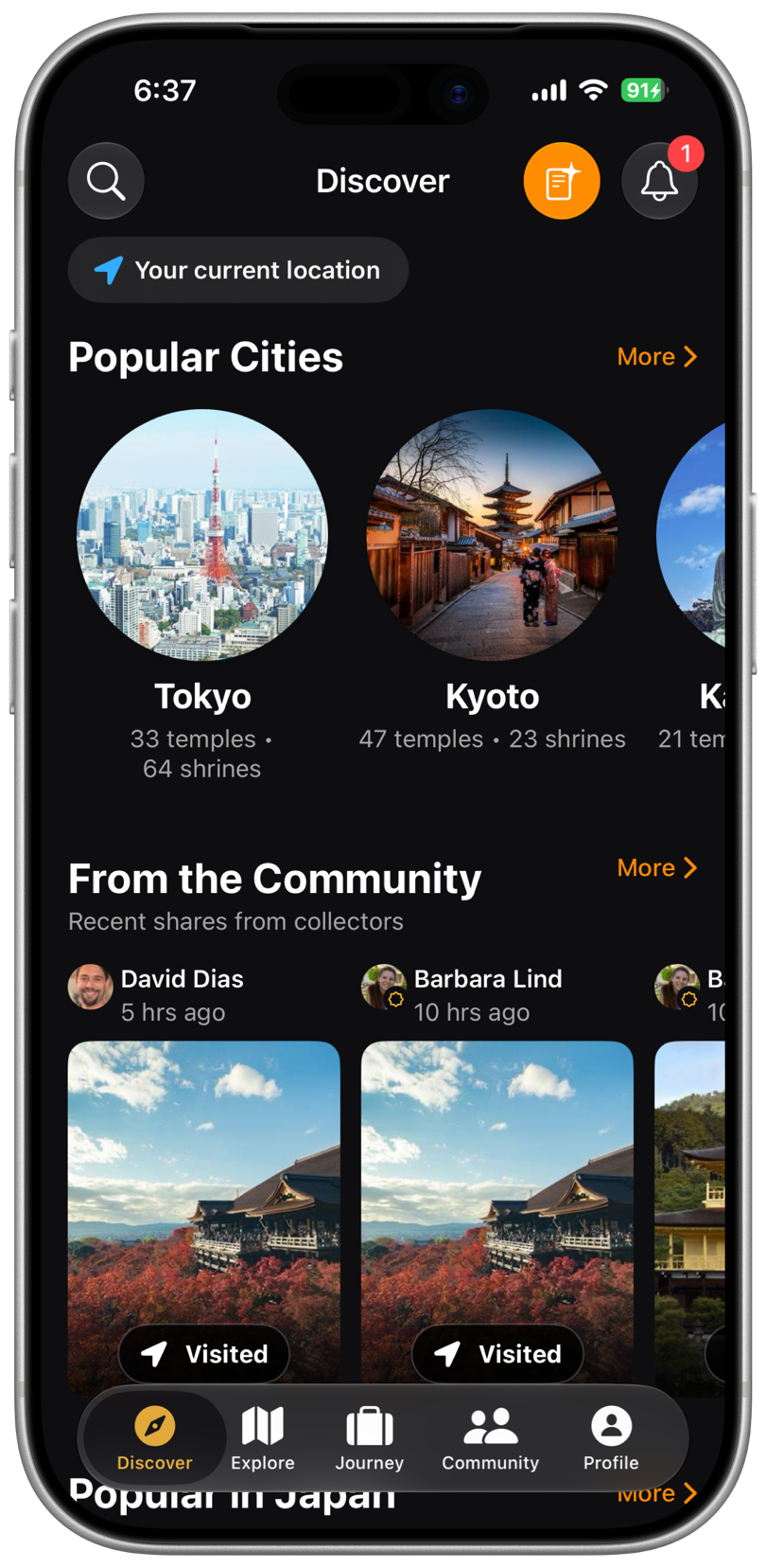Goshuin Atlas Discover screen showing nearby sacred places