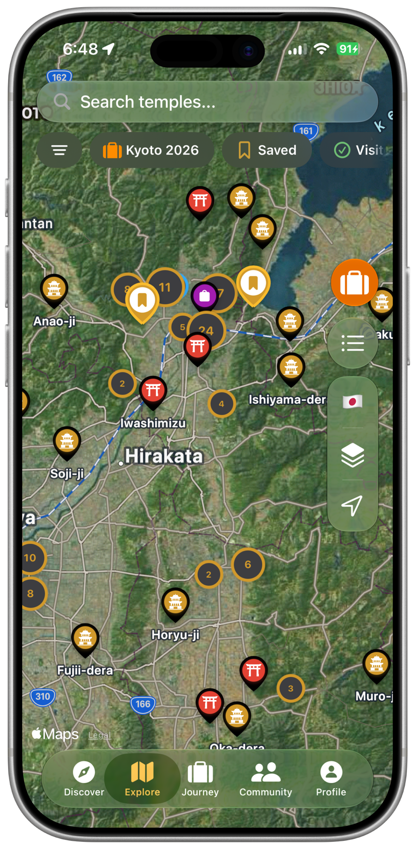 Goshuin Atlas Explore screen with temple and shrine locations